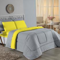 Kit Edredom Dupla Face + Jogo de Lençol Casal Viúva Nobre 7 peças Malha 100% Algodão - Cinza / Amarelo