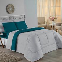 Kit Edredom Dupla Face + Jogo de Lençol Casal Viúva Nobre 7 peças Malha 100% Algodão - Cinza / Petróleo
