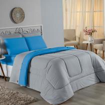 Kit Edredom Dupla Face + Jogo de Lençol Casal Viúva Nobre 7 peças Malha 100% Algodão - Cinza / Turquesa