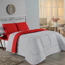 Kit Edredom Dupla Face + Jogo de Lençol Casal Viúva Nobre 7 peças Malha 100% Algodão - Cinza / Vermelho