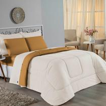 Kit Edredom Dupla Face + Jogo de Lençol Casal Viúva Nobre 7 peças Malha 100% Algodão - Palha / Cobre