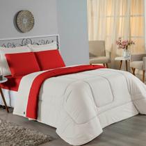 Kit Edredom Dupla Face + Jogo de Lençol Casal Viúva Nobre 7 peças Malha 100% Algodão - Palha / Vermelho