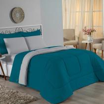 Kit Edredom Dupla Face + Jogo de Lençol Casal Viúva Nobre 7 peças Malha 100% Algodão - Petróleo / Cinza