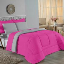 Kit Edredom Dupla Face + Jogo de Lençol Casal Viúva Nobre 7 peças Malha 100% Algodão - Pink / Cinza