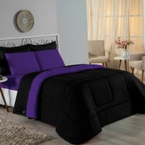 Kit Edredom Dupla Face + Jogo de Lençol Casal Viúva Nobre 7 peças Malha 100% Algodão - Preto / Roxo