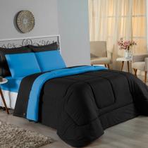 Kit Edredom Dupla Face + Jogo de Lençol Casal Viúva Nobre 7 peças Malha 100% Algodão - Preto / Turquesa