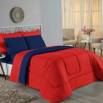Kit Edredom Dupla Face + Jogo de Lençol Casal Viúva Nobre 7 peças Malha 100% Algodão - Vermelho / Azul-Marinho