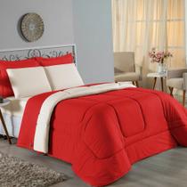 Kit Edredom Dupla Face + Jogo de Lençol Casal Viúva Nobre 7 peças Malha 100% Algodão - Vermelho / Palha