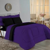 Kit Edredom Dupla Face + Jogo de Lençol King Nobre 6 peças Malha 100% Algodão - Roxo / Preto