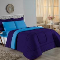 Kit Edredom Dupla Face + Jogo De Lençol King Nobre 6 Peças Malha 100% Algodão - Roxo / Turquesa