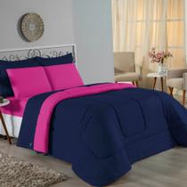 Kit Edredom Dupla Face + Jogo de Lençol King Nobre 7 peças Malha 100% Algodão - Azul-Marinho / Pink
