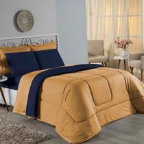 Kit Edredom Dupla Face + Jogo de Lençol King Nobre 7 peças Malha 100% Algodão - Cobre / Azul-Marinho