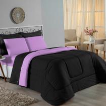 Kit Edredom Dupla Face + Jogo de Lençol King Nobre 7 peças Malha 100% Algodão - Preto / Lilás