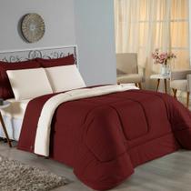 Kit Edredom Dupla Face + Jogo de Lençol King Nobre 7 peças Malha 100% Algodão - Vinho / Palha