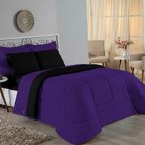 Kit Edredom Dupla Face + Jogo De Lençol Queen Nobre 7 Peças Malha 100% Algodão - Roxo / Preto