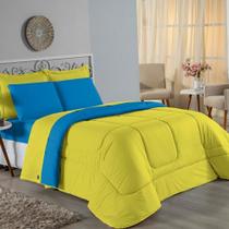Kit Edredom Dupla Face + Jogo de Lençol Solteiro Nobre 4 peças Malha 100% Algodão - Amarelo / Turquesa Kit Edredom Dupla Face + Jogo de Lençol Solteiro Nobre 4 peças Malha 100% Algodão - Amarelo / Turquesa