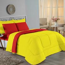 Kit Edredom Dupla Face + Jogo de Lençol Solteiro Nobre 4 peças Malha 100% Algodão - Amarelo / Vermelho Kit Edredom Dupla Face + Jogo de Lençol Solteiro Nobre 4 peças Malha 100% Algodão - Amarelo / Vermelho