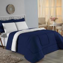 Kit Edredom Dupla Face + Jogo de Lençol Solteiro Nobre 4 peças Malha 100% Algodão - Azul-Marinho / Branco Kit Edredom Dupla Face + Jogo de Lençol Solteiro Nobre 4 peças Malha 100% Algodão - Azul-Marinho / Branco