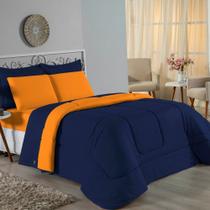 Kit Edredom Dupla Face + Jogo de Lençol Solteiro Nobre 4 peças Malha 100% Algodão - Azul-Marinho / Laranja Kit Edredom Dupla Face + Jogo de Lençol Solteiro Nobre 4 peças Malha 100% Algodão - Azul-Marinho / Laranja