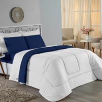 Kit Edredom Dupla Face + Jogo de Lençol Solteiro Nobre 4 peças Malha 100% Algodão - Branco / Azul-Marinho Kit Edredom Dupla Face + Jogo de Lençol Solteiro Nobre 4 peças Malha 100% Algodão - Branco / Azul-Marinho