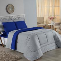 Kit Edredom Dupla Face + Jogo de Lençol Solteiro Nobre 4 peças Malha 100% Algodão - Cinza / Royal Kit Edredom Dupla Face + Jogo de Lençol Solteiro Nobre 4 peças Malha 100% Algodão - Cinza / Royal