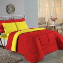 Kit Edredom Dupla Face + Jogo de Lençol Solteiro Nobre 4 peças Malha 100% Algodão - Vermelho / Amarelo Kit Edredom Dupla Face + Jogo de Lençol Solteiro Nobre 4 peças Malha 100% Algodão - Vermelho / Amarelo