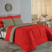 Kit Edredom Dupla Face + Jogo de Lençol Solteiro Nobre 4 peças Malha 100% Algodão - Vermelho / Avelã Kit Edredom Dupla Face + Jogo de Lençol Solteiro Nobre 4 peças Malha 100% Algodão - Vermelho / Avelã