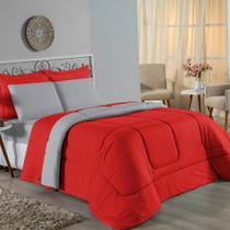 Kit Edredom Dupla Face + Jogo de Lençol Solteiro Nobre 4 peças Malha 100% Algodão - Vermelho / Cinza Kit Edredom Dupla Face + Jogo de Lençol Solteiro Nobre 4 peças Malha 100% Algodão - Vermelho / Cinza