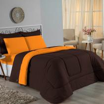 Kit Edredom Dupla Face + Jogo de Lençol Solteiro Nobre 5 peças Malha 100% Algodão - Marrom / Laranja