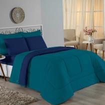 Kit Edredom Dupla Face + Jogo de Lençol Solteiro Nobre 5 peças Malha 100% Algodão - Petróleo / Azul-Marinho