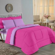 Kit Edredom Dupla Face + Jogo de Lençol Solteiro Nobre 5 peças Malha 100% Algodão - Pink / Lilás