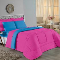 Kit Edredom Dupla Face + Jogo de Lençol Solteiro Nobre 5 peças Malha 100% Algodão - Pink / Turquesa