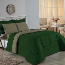 Kit Edredom Dupla Face + Jogo de Lençol Solteiro Nobre 5 peças Malha 100% Algodão - Verde-Bandeira / Avelã
