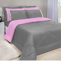 Kit Edredom Dupla Face Ternura Casal King 6 Peças - Cinza e Rosa