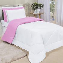 Kit Edredom Dupla Face Ternura Solteiro 4 Peças - Branco e Rosa Kit Edredom Dupla Face Ternura Solteiro 4 Peças - Branco e Rosa