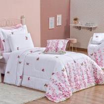 Kit Edredom Encanto Solteiro 3 Peças 100% Algodão Percal 200 Fios - Borboletas Floral Kit Edredom Encanto Solteiro 3 Peças 100% Algodão Percal 200 Fios - Borboletas Floral