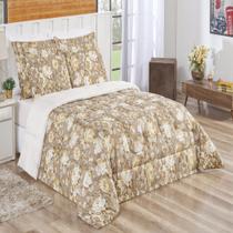 Kit edredom estampado dupla face Bouti 3 peças casal queen floral caqui