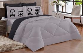 Kit Edredom game Casal Queen Dupla Face Preto Cinza