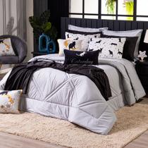 Kit Edredom Gatos Cinza com Almofadas CASAL PADRÃO 07 Peças - Dupla Face Percal 300 Fios 100% Algodão Original