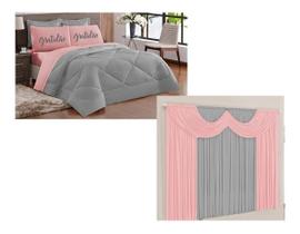 Kit EDREDOM GRATIDÃO CASAL PADRÃO Dupla Face + Cortina Rosa Cinza