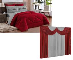 Kit EDREDOM GRATIDÃO Casal Padrão Dupla Face + Cortina Vermelho Cinza