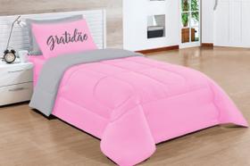 kit Edredom Gratidão solteiro dupla face rosa cinza