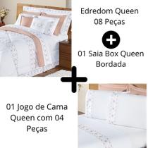 Kit Edredom + Jogo Cama E Saia Box Queen Algodão Bordado 13