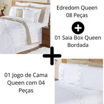 Kit Edredom + Jogo Cama E Saia Box Queen Algodão Bordado 13