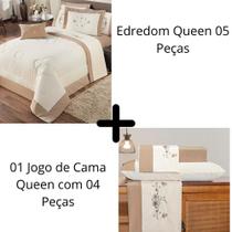 Kit Edredom + Jogo Cama Flora Queen 80% Algodão Palha/Bege