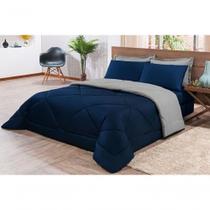 Kit Edredom + Jogo De Lençol Aconchego Look House Dupla Face Casal King 06 Peças - em versão com cor Azul E Cinza Kit Edredom + Jogo De Lençol Aconchego Look House Dupla Face Casal King 06 Peças - em versão com cor Azul E Cinza