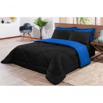 Kit Edredom + Jogo De Lençol Aconchego Look House Dupla Face Solteiro 04 Peças - em destaque na cor Preto- Azul