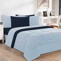 Kit Edredom + Jogo De Lençol Malha 100% Algodão 5 Peças Solteiro - Azul Bebê-azul Marinho