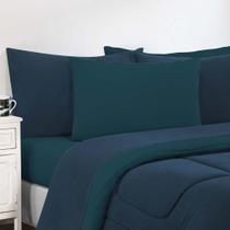 Kit Edredom + Jogo De Lençol Malha 100% Algodão 7 Peças King - Azul Marinho-azul Petróleo