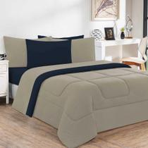 Kit Edredom + Jogo De Lençol Malha 100% Algodão Gran Moratta 5 Peças Solteiro - Avelã-azul Marinho - Queridinho do Público